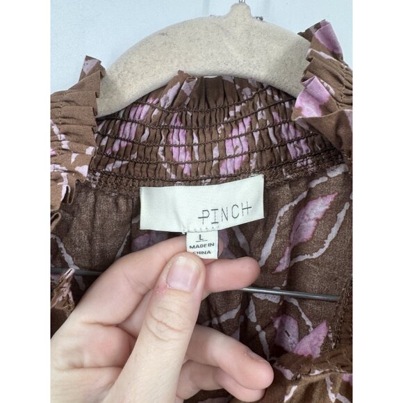 Pinch Printed Midi Dress Women Large Brown Prairie Peasant Boho Cottage Milkmaid - Picture 4 of 12